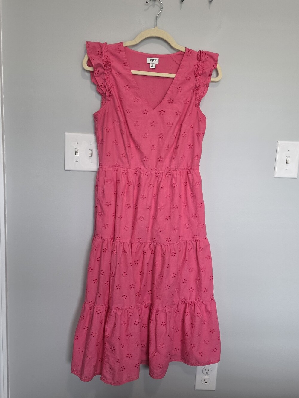 J. Crew Bright Pink Eyelet Tiered Maxi Dress